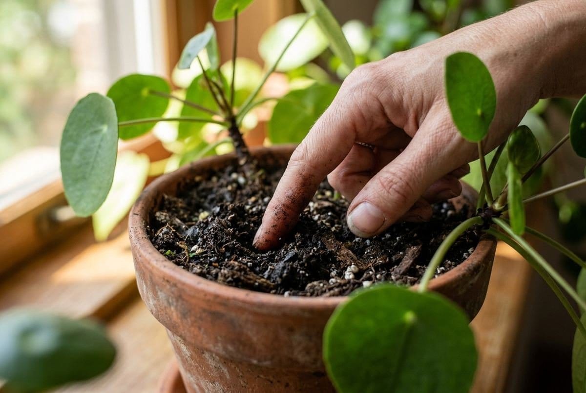 Dedo testando a umidade do substrato de uma planta em vaso antes de regar