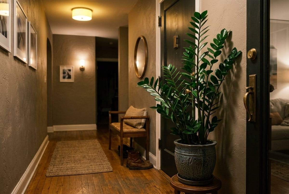 Zamioculca em cachepot no hall de entrada de um apartamento com pouca luz
